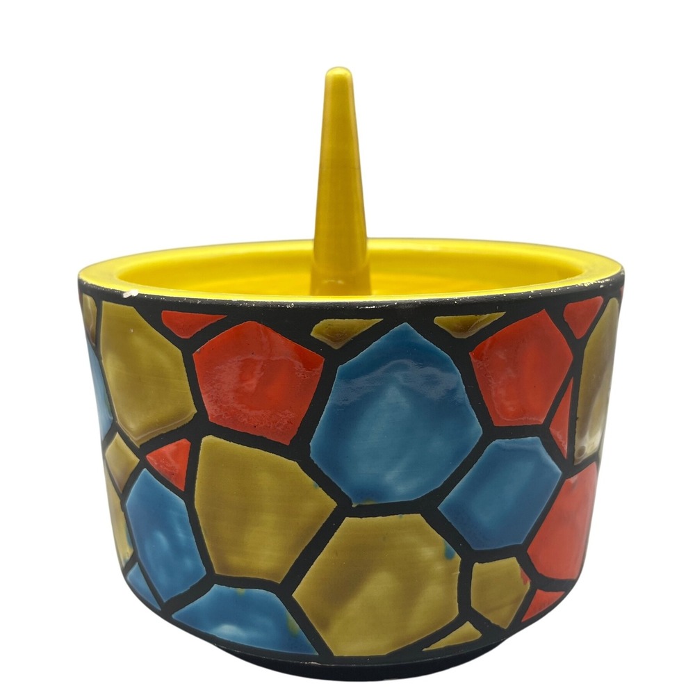 Vintage Ceramic Trinket Dish Box with Lid Geometric Design Mid Century